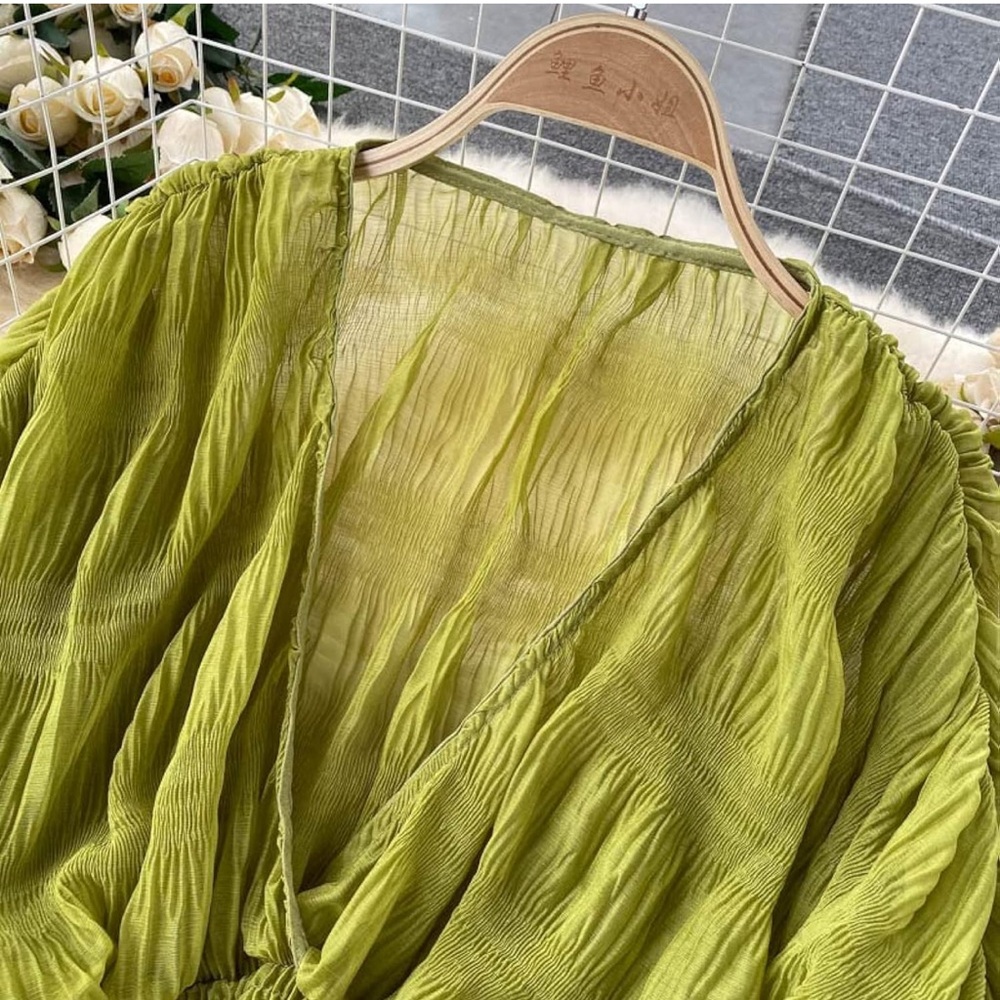 Chartreuse Green Chiffon Long Sleeve Bell Sleeve Top | Brand New | Small - Picture 3 of 9